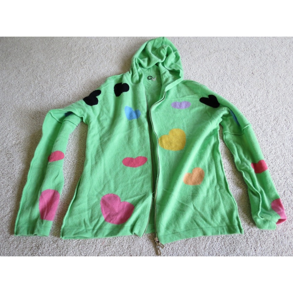 EUC One Girl Who Anthropologie Green Hearts Cashmere Zip Hooded Cardigan Large